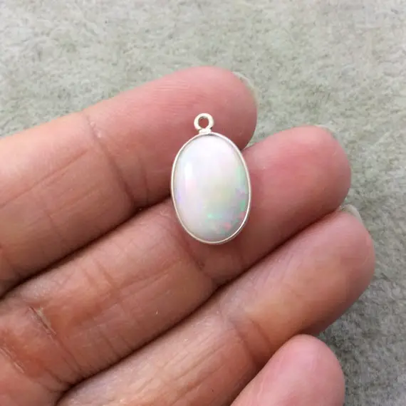 Single Ooak Sterling Silver Smooth Semi-opaque Rainbow Genuine Ethiopian Opal Vertical Oval Shaped Bezel Pendant - Measuring 11mm X 15mm