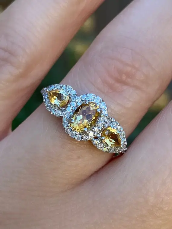 Oval Citrine 3 Stone Diamond Halo Statement Ring. Citrine Engagement Ring. Birthstone Ring. Anniversary Gift.