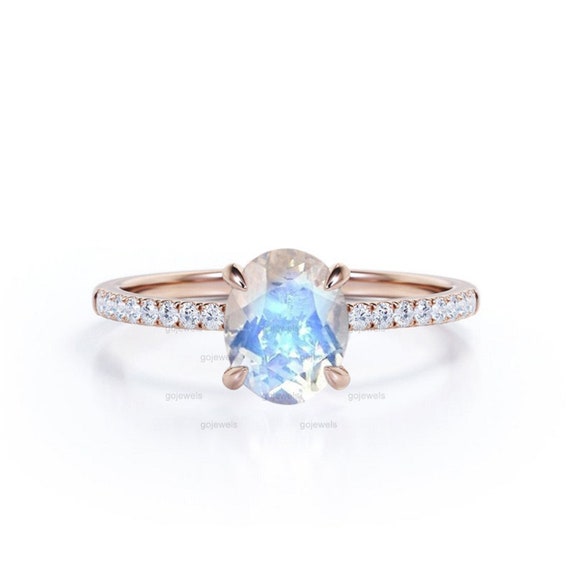 Oval Moonstone Engagement Ring, Minimalist Rose Gold Engagement Ring For Women, Half Eternity Diamond Ring, Bridal Ring, Anniversary Gift