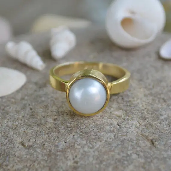 Cultured South Sea Pearl Gemstone Ring, 925 Sterling Silver Yellow Gold Ring, Pearl Ring, Yellow Gold Ring, Birthstone Gift Ring Jewelry