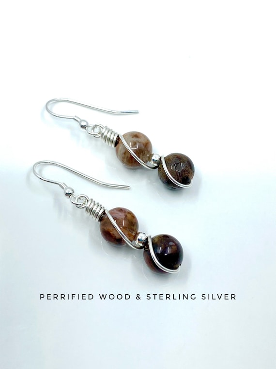 Wooden Earrings, Petrified Wood, 925 Sterling Silver, Nature Earrings