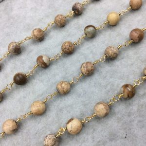 Shop Picture Jasper Round Beads! Gold Plated Copper Wrapped Rosary Chain with 8mm Smooth Natural Picture Jasper Round Shaped Beads – Sold by the Foot! (CH410-GD)! | Natural genuine round Picture Jasper beads for beading and jewelry making.  #jewelry #beads #beadedjewelry #diyjewelry #jewelrymaking #beadstore #beading #affiliate #ad