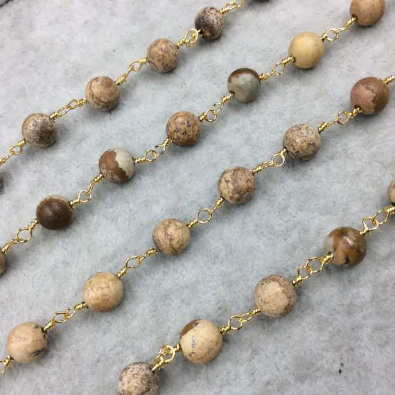 Gold Plated Copper Wrapped Rosary Chain With 8mm Smooth Natural Picture Jasper Round Shaped Beads - Sold By The Foot! (ch410-gd)!