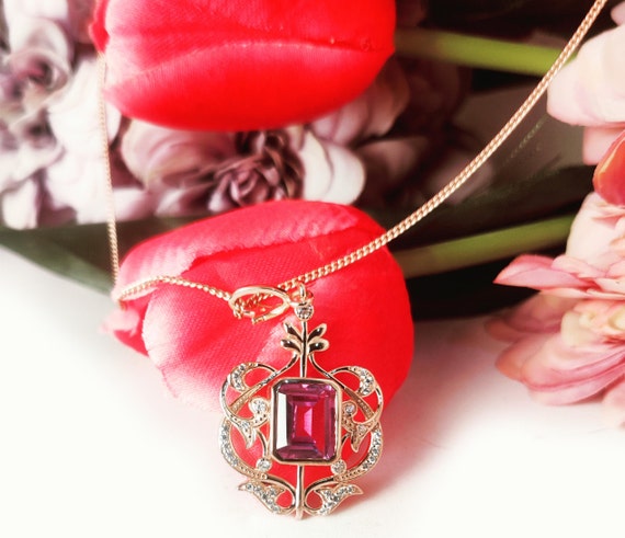 Emerald Cut Pink Sapphire Pendant Art Deco Filigree Style Necklace For Women Wedding Gift  Rose Gold Pink Sapphire Pendant Unique Pendant