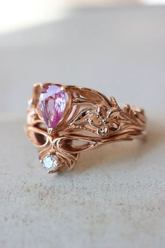 Pink Sapphire Ring, Flower Engagement Ring, Nature Ring, Art Nouveau Bridal Ring Set, Diamond Wedding Band, Unique Ring, Stacking Ring Set
