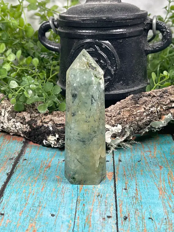 Prehnite Point - Reiki Charged - Powerful Energy - Epidote Inclusions - Supports The Healer - Explore Past Lives - Astral Travel