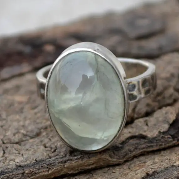 Natural Prehnite Gemstone Ring, Oval Cab Prehnite Ring, Prehnite And Hammered 925 Sterling Silver Black Oxide Ring, Prehnite Oxide Gift Ring