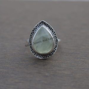 Natural Prehnite Ring, 925 Sterling Silver Ring, Teardrop Prehnite Designer Ring, Boho Ring, Libra Birthstone, Gift for Her, Handmade Ring | Natural genuine Prehnite rings, simple unique handcrafted gemstone rings. #rings #jewelry #shopping #gift #handmade #fashion #style #affiliate #ad