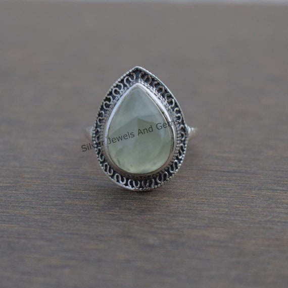 Natural Prehnite Ring, Handmade Ring, 925 Sterling Silver Ring, Teardrop Prehnite Designer Ring, Boho Ring, Libra Birthstone, Gift For Her
