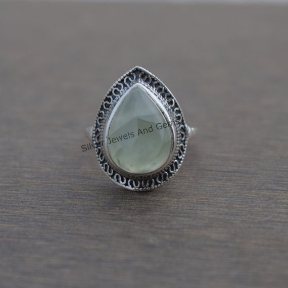 Natural Prehnite Ring, 925 Sterling Silver Ring, Teardrop Prehnite Designer Ring, Boho Ring, Libra Birthstone, Gift For Her, Handmade Ring