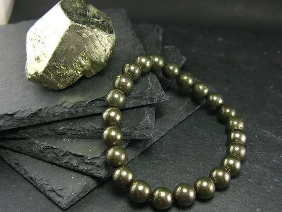 Pyrite Genuine Bracelet ~ 7 Inches  ~ 8mm Round Beads