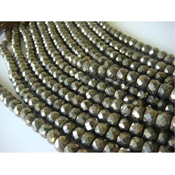 Natural Pyrite Faceted Rondelle Beads, Pyrite Gemstone Beads, 8 Inch Strand - 7.5mm Approx