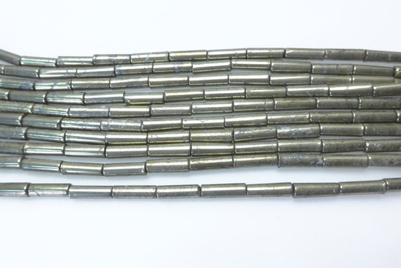 Natural Pyrite Smooth Round Tube Beads - 4x13mm Gemstone Cylinder Beads - Bronze Color Stone Beads - Jewelry Making Tubes -15inch