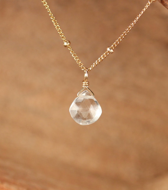 Quartz Necklace  - Solitaire Necklace - Crystal Necklace - Wedding Necklace - Tiny Necklace - 14k Gold Filled Satellite Chain