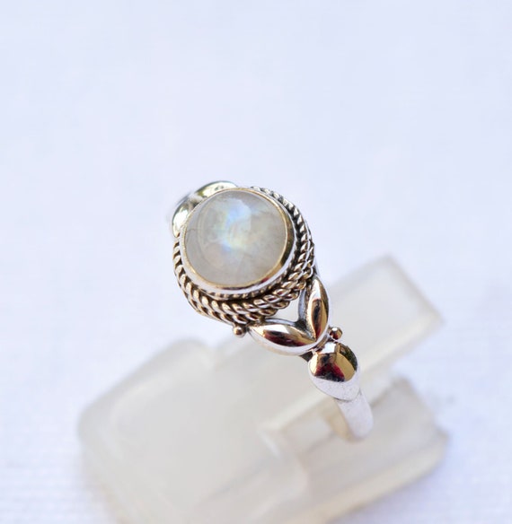 Handmade Ring, Rainbow Moonstone Gemstone Ring, 925 Sterling Silver Jewelry, Gift For Her, Boho Jewelry, Round Shape, Silver Ring, R 35