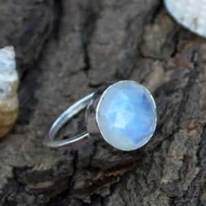 Shop Rainbow Moonstone Rings! Round Faceted Rainbow Moonstone Gemstone Ring, Bezel Ring, 925 Sterling Silver Ring, Round Moonstone Ring, June Birthstone, Gift For Love | Natural genuine Rainbow Moonstone rings, simple unique handcrafted gemstone rings. #rings #jewelry #shopping #gift #handmade #fashion #style #affiliate #ad