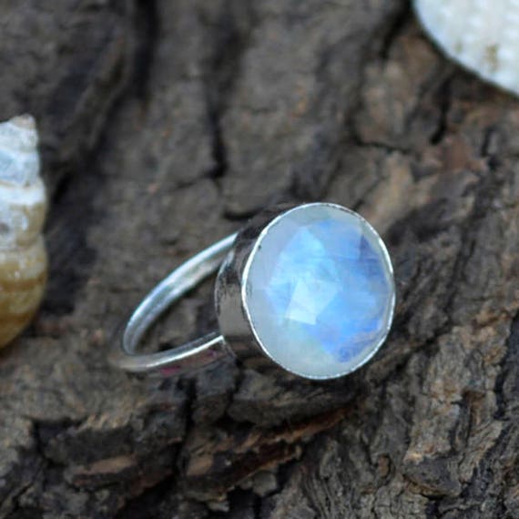 Round Faceted Rainbow Moonstone Gemstone Ring, Bezel Ring, 925 Sterling Silver Ring, Round Moonstone Ring, June Birthstone, Gift For Love