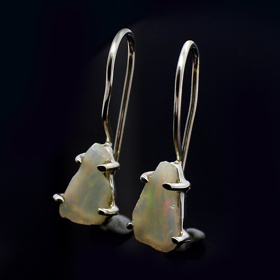 Raw Fire Opal Dangle Drop Earring, Ethiopian Opal Silver Earring, October Birthstone Jewelry, Raw Stone Earring, Silver Handmade Earring