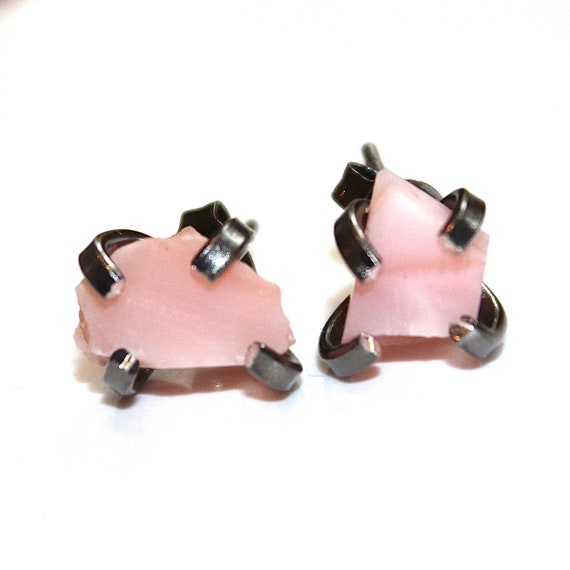 Raw Pink Opal Stud Earrings Organic Earrings Peruvian Opal Jewelry Free Form Earrings Opal Prong Set Earrings Raw Gemstones