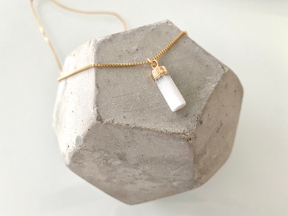 Raw Selenite Necklace Gold Filled Necklace Mini Selenite Necklace Small Gypsum Pendant Necklace White Gemstone Gift Rustic Crystal Charm