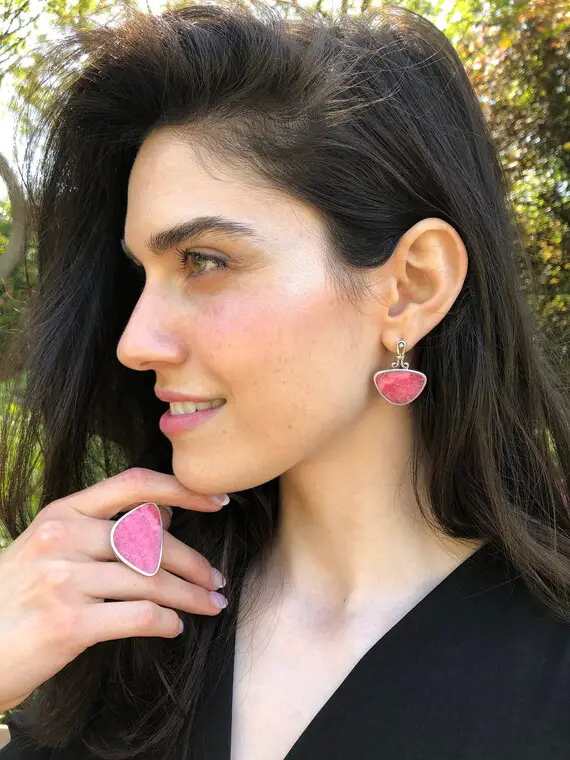 Rhodochrosite Earrings, Vintage Earrings, Pink Boho Earrings, Statement Earrings, Raspberry Pink Earrings, Antique Earrings, Silver Earrings