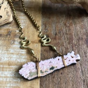 Shop Rhodochrosite Necklaces! Rhodochrosite And Brass Snake Necklace | Natural genuine Rhodochrosite necklaces. Buy crystal jewelry, handmade handcrafted artisan jewelry for women.  Unique handmade gift ideas. #jewelry #beadednecklaces #beadedjewelry #gift #shopping #handmadejewelry #fashion #style #product #necklaces #affiliate #ad