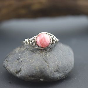 Shop Rhodochrosite Rings! Rhodochrosite Sterling Silver Bali Bead Ring | Natural genuine Rhodochrosite rings, simple unique handcrafted gemstone rings. #rings #jewelry #shopping #gift #handmade #fashion #style #affiliate #ad