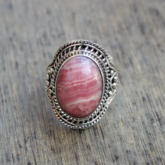 Rhodochrosite Sterling Silver Handmade Ring, Natural Rhodochrosite Crystal, Gift For Her, Anniversary Gift, Dainty Jewelry, Valentine Gifts