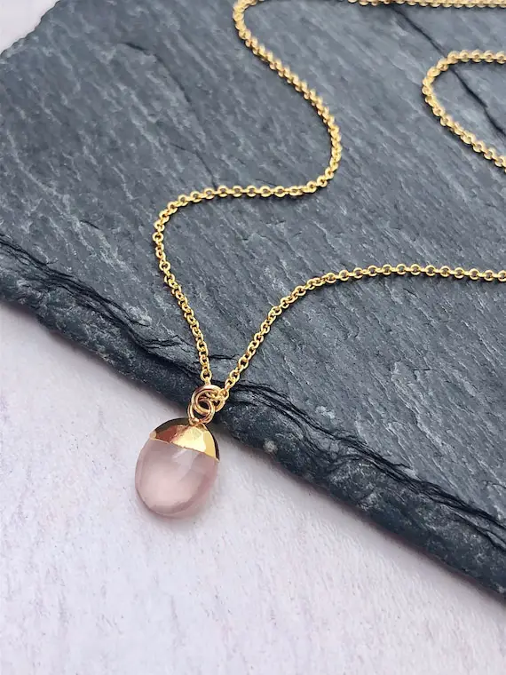 Rose Quartz Necklace, Rose Quartz Oval Pendant, Blush Pink Gold Necklace, Neutral Minimalist Layering Jewelry, Pink Jewelry Gift For Women