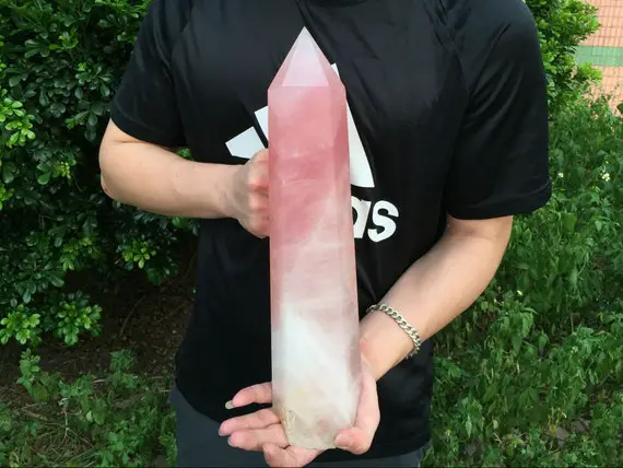 15" Super Large Rose Quartz Point Wand Madagascar Rose Quartz Crystal Tower Point Extra Long Rose Quartz Healing Love Stone Cd-l9 Ob