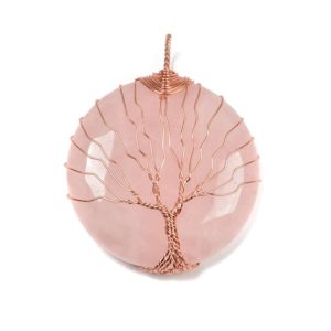 Shop Rose Quartz Round Beads! Rose Quartz Tree Pendant Copper Wire Wrap Round Size 40mm Sold Per Piece | Natural genuine round Rose Quartz beads for beading and jewelry making.  #jewelry #beads #beadedjewelry #diyjewelry #jewelrymaking #beadstore #beading #affiliate #ad