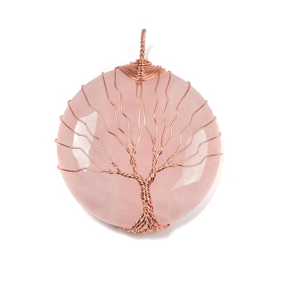 Rose Quartz Tree Pendant Copper Wire Wrap Round Size 40mm Sold Per Piece