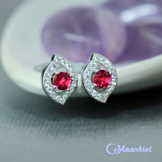 Sale Ruby Red Cz Stud Earrings, Sterling Silver Cz Pave Earrings, Womens Ruby Studs, July Birthstone Earrings | Moonkist Designs
