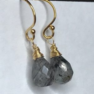 Shop Rutilated Quartz Jewelry! Sale black Rutilated Quartz dangle gold Earrings.  Rutile crystal drops.  Gray drops.  Gemstone jewelry.  925 silver, gold rose, gold. | Natural genuine Rutilated Quartz jewelry. Buy crystal jewelry, handmade handcrafted artisan jewelry for women.  Unique handmade gift ideas. #jewelry #beadedjewelry #beadedjewelry #gift #shopping #handmadejewelry #fashion #style #product #jewelry #affiliate #ad
