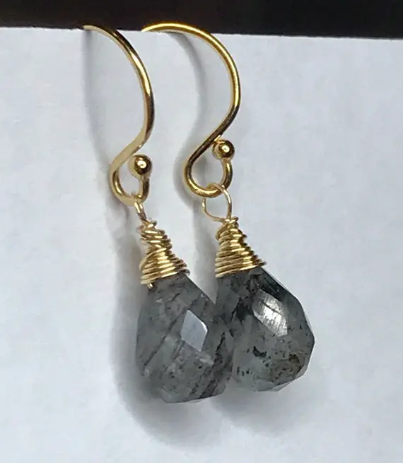 Sale Black Rutilated Quartz Dangle Earrings, Petite Rutile Crystal Drops, Sterling Silver, Grey Gemstone Jewelry.