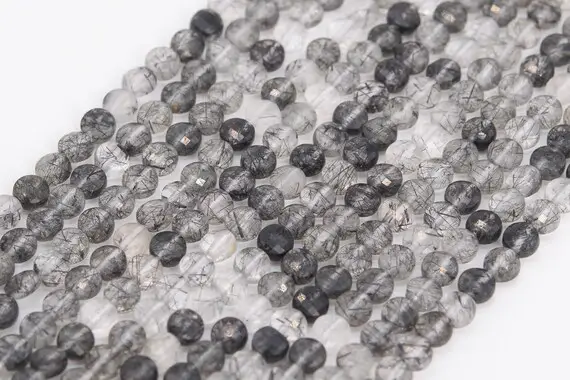 Genuine Natural Black Rutilated Quartz Loose Beads Grade Aa Faceted Flat Round Button Shape 3mm