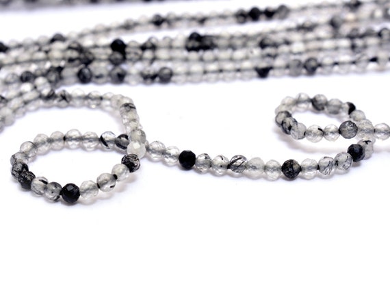 Natural Black Rutilated Quartz Rondelle 2mm Beads | 13inch Strand | Black Rutile Micro Faceted Semi Precious Gemstone Beads For Jewelry |
