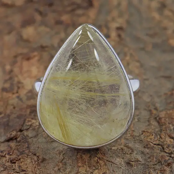Natural Golden Rutilated Quartz Ring 925 Silver Bezel Ring | Pear Shape Gemstone Ring | Statement Ring Gifts For Her