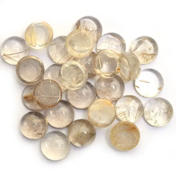 Aaa Golden Rutilated Quartz 12mm Round Cabochon, Gold Rutile Gemstone Cabs | Natural Semi Precious Gemstone Loose Cabochon Lot For Jewelry