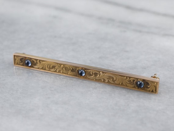Antique Sapphire Gold Bar Pin, Ornate Brooch, Art Deco Bar Pin, Sapphire Cabochon, Dql56mht