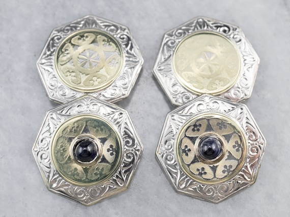 Art Deco Sapphire Cabochon Cufflinks, Engraved Antique Cufflinks, Platinum And Gold Cufflinks, Mixed Metal Cufflinks, Gift For Him 2fup7fqx