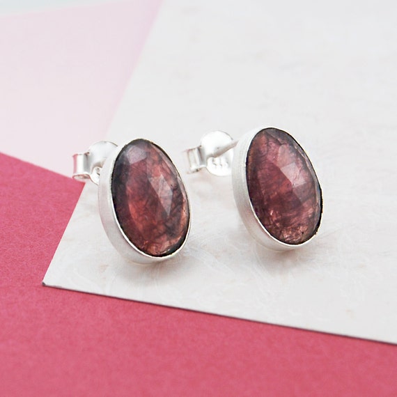 Silver Studs-stud Earrings-sapphire Earring-oval Earring-red Earrings-september Birthstone-red Sapphire-genuine Sapphire-embersjewelleryshop