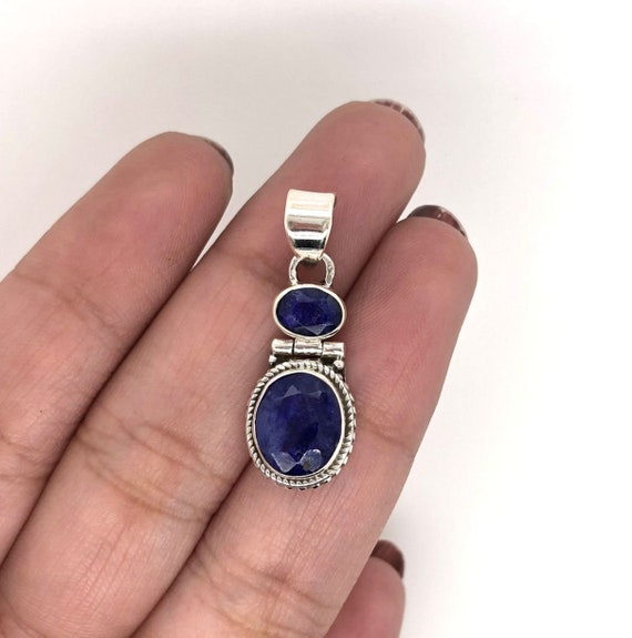 Sapphire Silver Pendant, Double Stone Cut Pendant, Handmade Pendant, 925 Sterling Silver Jewelry, Blue Corundum, Oval Shape, P 105