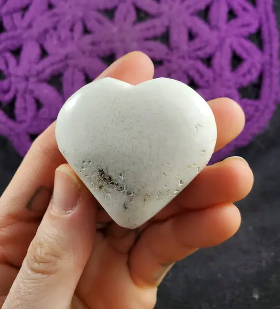 Scolecite Heart Crystal Polished Stones Palmstone Crystals Natural White Zeolite Unique India Heart Shaped Carving