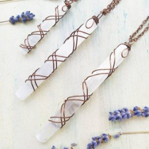 Selenite Crystal pendant, White Selenite necklace in Copper, Small or long Selenite sticks | Natural genuine Array jewelry. Buy crystal jewelry, handmade handcrafted artisan jewelry for women.  Unique handmade gift ideas. #jewelry #beadedjewelry #beadedjewelry #gift #shopping #handmadejewelry #fashion #style #product #jewelry #affiliate #ad