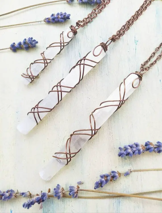 Selenite Crystal Pendant, White Selenite Necklace In Copper, Small Or Long Selenite Sticks
