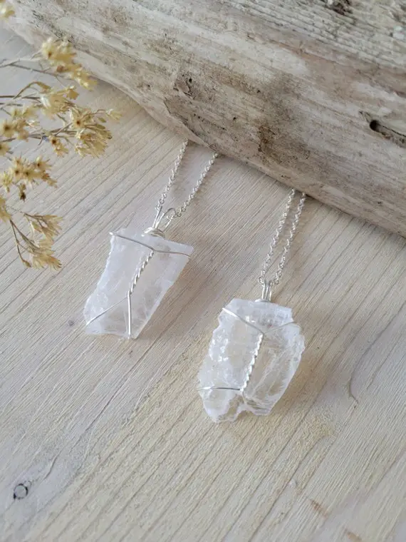 Selenite Necklace, Wired Raw Selenite, Crystal Necklace, Selenite Pendent, Healing Stone, Cleansing Stone, Crystal Pendant, Selenite Slab