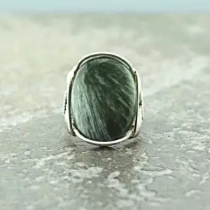 Handcrafted Sterling Silver Large Seraphinite Cabochon Wire Wrapped Ring | Natural genuine Gemstone rings, simple unique handcrafted gemstone rings. #rings #jewelry #shopping #gift #handmade #fashion #style #affiliate #ad