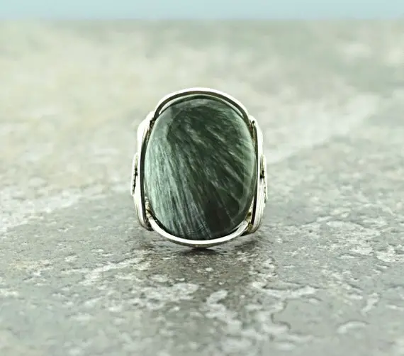 Handcrafted Sterling Silver Large Seraphinite Cabochon Wire Wrapped Ring