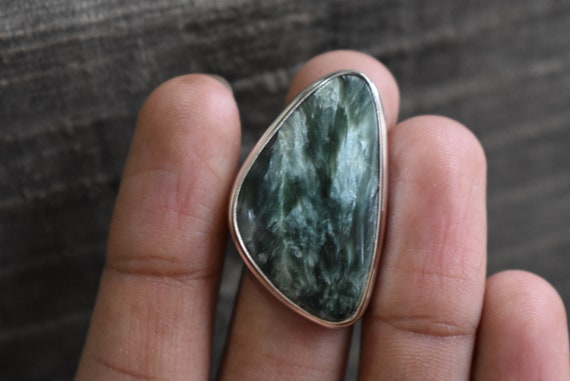 Natural Green Seraphinite Ring,925 Silver Ring,natural Seraphinite Ring,seraphinite Ring,green Seraphinite Ring,unique Shape Ring